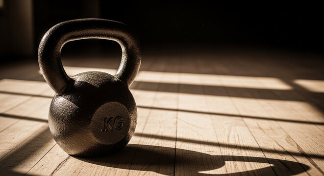 16 kilogram kettlebell resting on wooden gym floor with natural sunlight