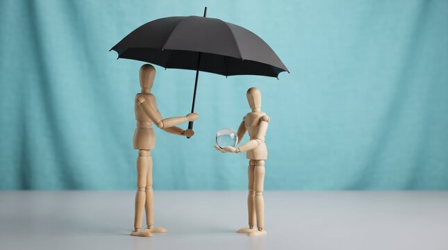 Wooden figures sharing umbrella in hand gesture