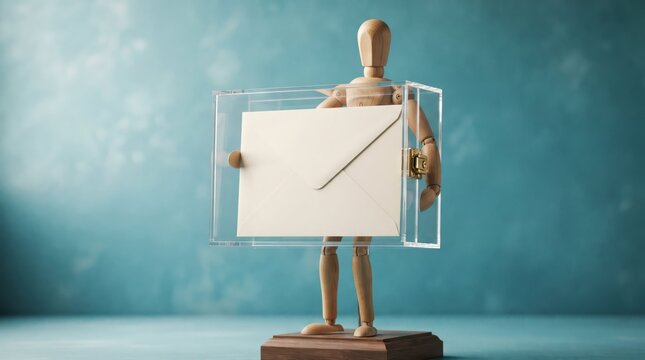 Wooden mannequin holding blank presentation slide in clear frame