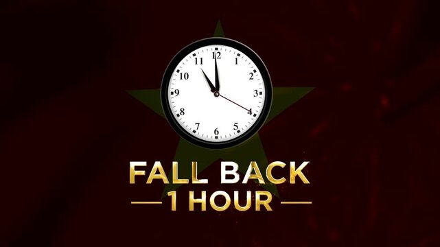 Daylight saving time concept featuring a wall clock with text fall back one hour