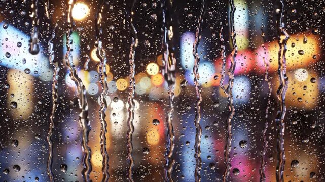 Raindrops sliding down a window on a city street during nighttime