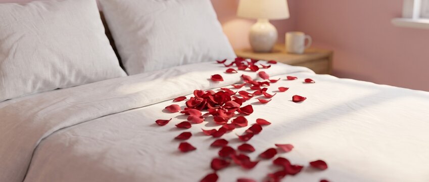 Romantic bedroom with rose petals scattered on a white bed  