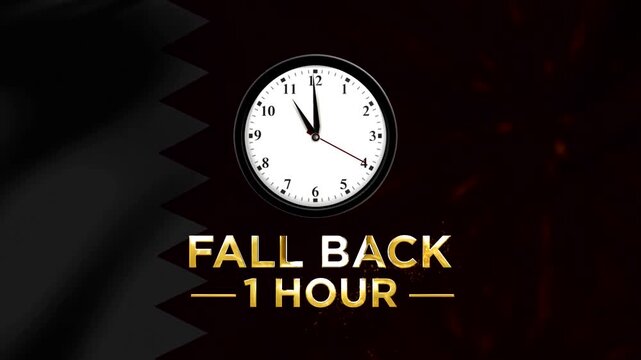 Daylight saving time concept showing a wall clock with text fall back one hour against an abstract glittery background