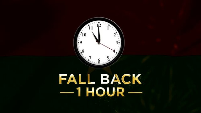 Daylight saving time concept showing a wall clock with text fall back one hour for the season change