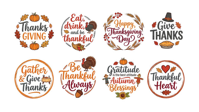 Thanksgiving gratitude vector badges with autumn leaves and pumpkins