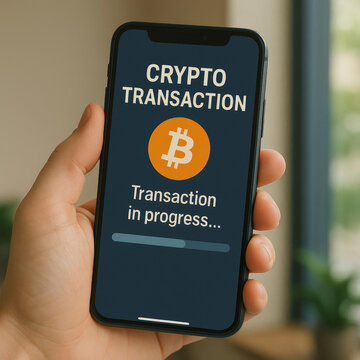 Smartphone displays bitcoin crypto transaction with progress bar below