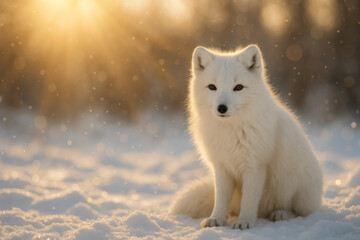 Fototapeta premium White arctic fox sitting in snow beneath golden sunlight