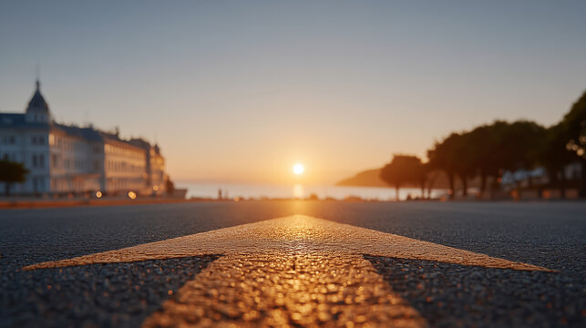 Large forward arrow on an urban boulevard in sunset light
