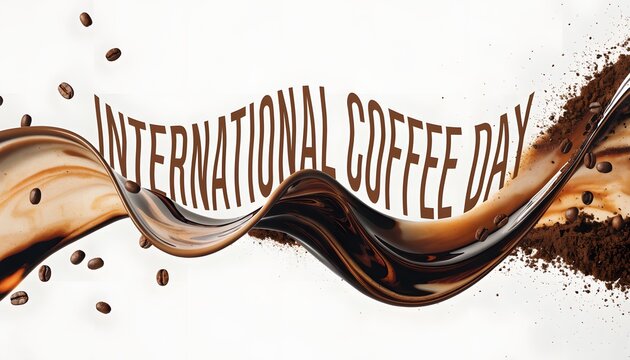 International coffee day banner with coffee beans and liquid splash