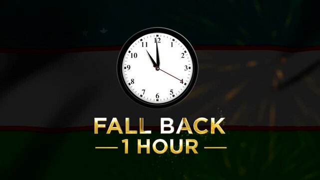 Daylight saving time concept showing a wall clock with text indicating to fall back one hour