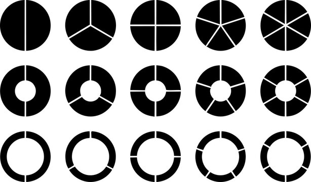 Set of black circle charts and divided rings with pie chart