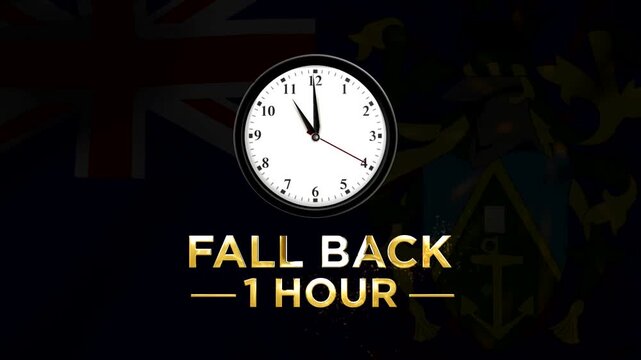 Daylight saving time concept with a clock showing fall back one hour against a flag background