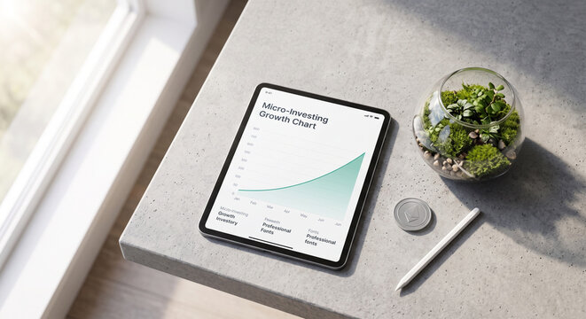 Tablet displaying financial growth chart next to green terrarium on minimalist desk for micro investing concept