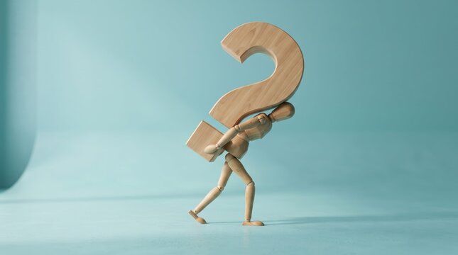 Wooden figure carrying a giant question mark