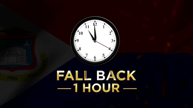 Daylight saving time concept with a clock showing fall back one hour against the national flag of Saint Martin