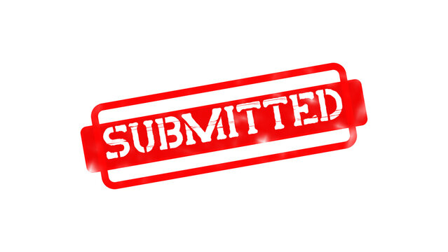 A bold red rectangular rubber stamp with the word submitted written in white capital letters on a solid black background, for office use isolated on a transparent background