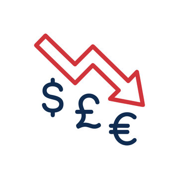 Currency Value Decline with Dollar Pound Euro and Downward Arrow Icon