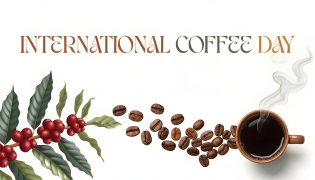 International coffee day concept with coffee beans and steaming cup