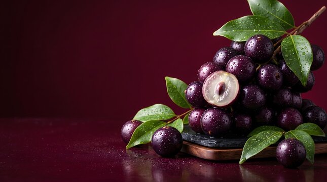 Fresh Glossy Jabuticaba Berries with Cut Berry on Dark Burgundy Background