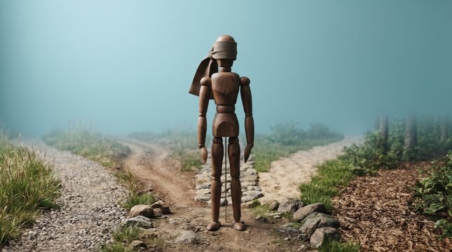 Sculpture of child carrying backpack in rocky outdoor landscape
