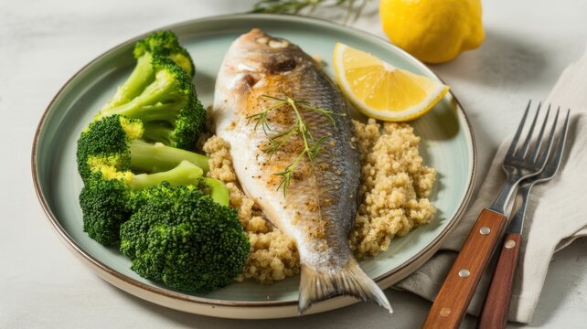 Whole baked fish with broccoli and quinoa served with lemon and rosemary during a healthy meal preparation