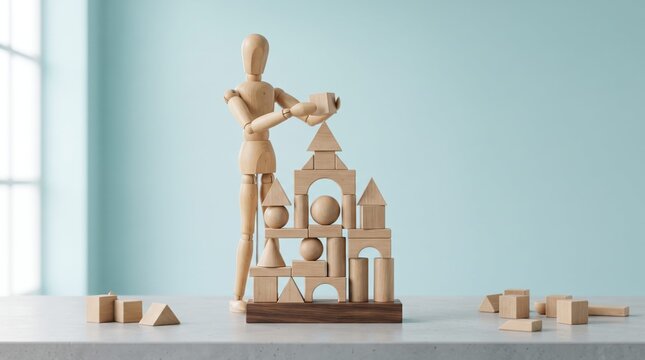 Wooden man playing with large building blocks