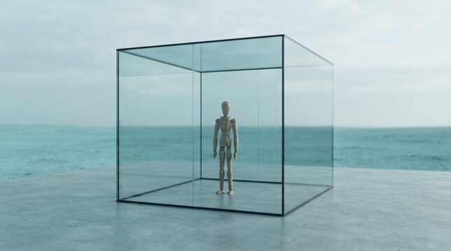 3d human figure standing inside a transparent cube