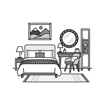 Minimalist black and white line art illustration of a cozy bedroom interior design.