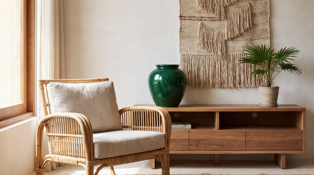 Tranquil boho living room with rattan armchair, green vase and macrame wall hanging