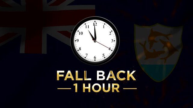 Daylight saving time concept with a clock showing fall back one hour on Anguilla national flag background