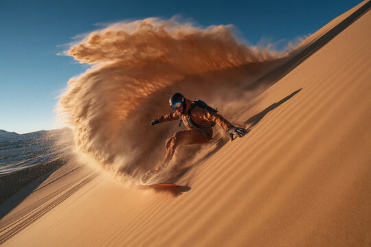 Sandboarding in the desert during sunset with a person riding a board and creating a dust cloud