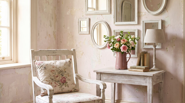 Wistful shabby chic nook with painted chair, floral cushion and cluster of vintage mirrors