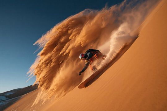 Sandboarder rides down a large sand dune with sand flying in the air in a desert landscape during sunset