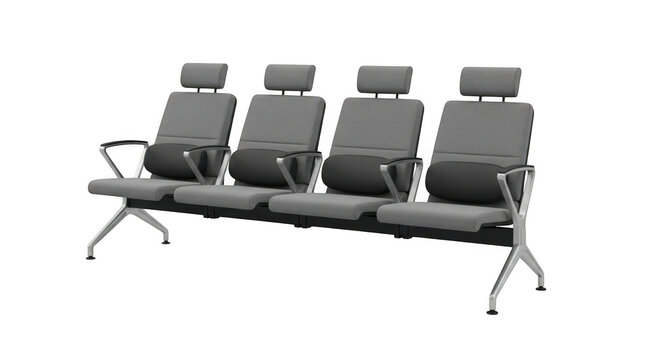 Four grey airport waiting chairs isolated on transparent background