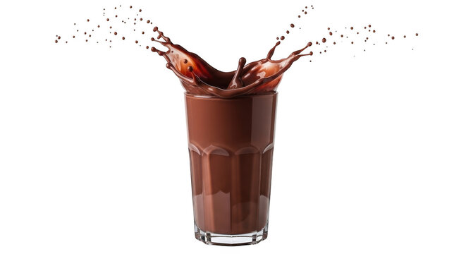 Chocolate drink splashing in glass isolated on transparent background
