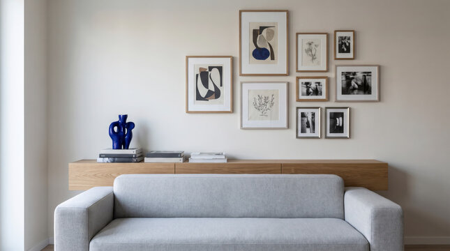 Quiet scandinavian living room with gray sofa, minimalist gallery wall and blue vase