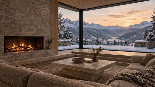 Modern Living Room with Fireplace and Panoramic Snowy Mountain View