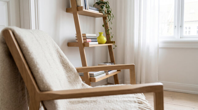 Restful scandinavian reading corner with oak lounge chair, wool throw and ladder shelf