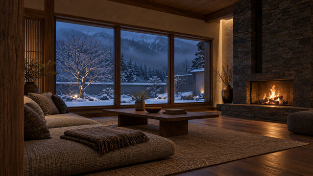 Minimalist Living Room with Low Seating and Snowy Garden View