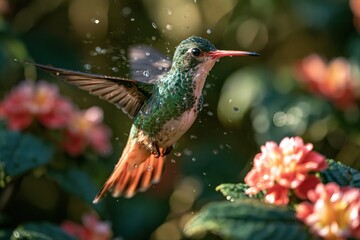 Fototapeta premium Hummingbird flying near flowers during sunny day in garden