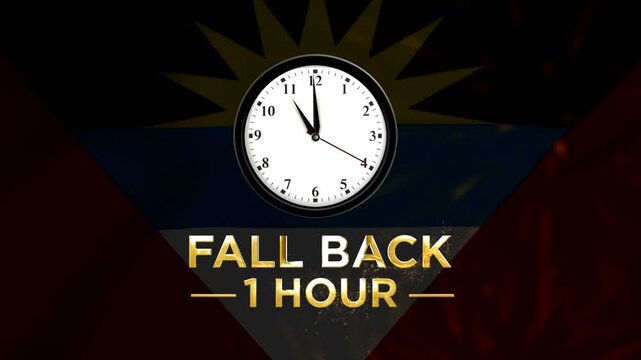 Daylight saving time concept with analog clock and fall back one hour text over Antigua and Barbuda national flag