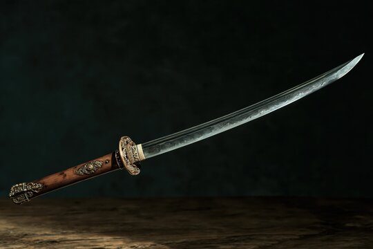 Craftsmanship of a traditional sword displayed on a wooden surface in a dimly lit setting