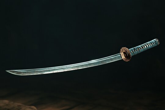 Sword displayed against dark background with focus on its blade and handle