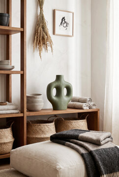 Soothing organic modern corner with sage vase, linen pouf, wool throw and woven baskets