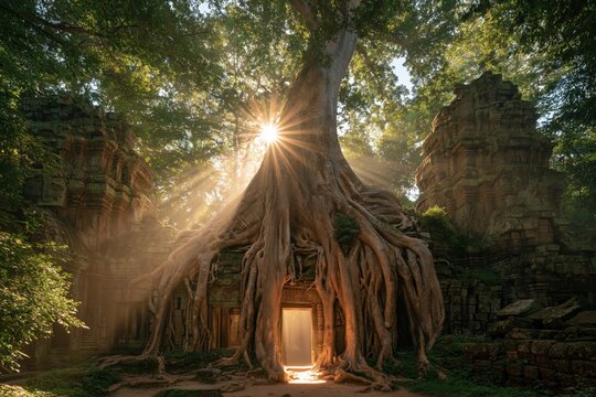 Sunlight shines through a tree beside ancient stone ruins in a forest