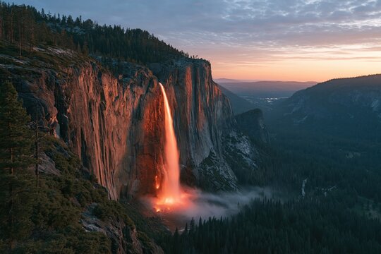 Sunset over Yosemite National Park's waterfall and valley during spring season