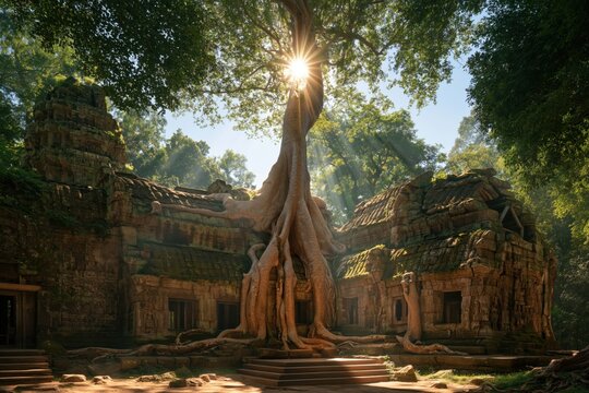 Sunlight shining through a large tree in an ancient temple surrounded by jungle