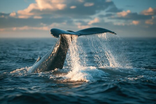 Whale tail emerging from the water during sunset in the ocean
