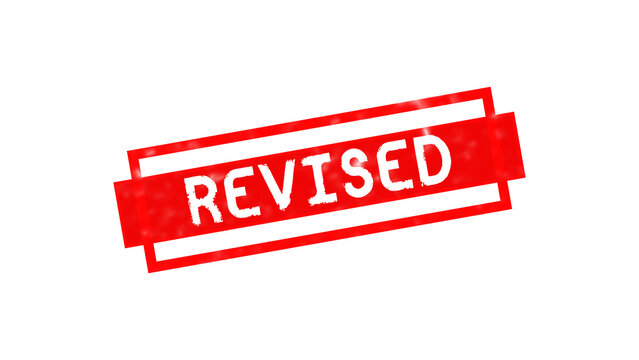A bold red rectangular stamp with the word revised written in white capital letters on a solid black background, for document marking purposes isolated on a transparent background