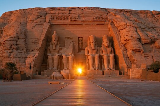 Sunrise at Abu Simbel temples with the sun shining between large statues